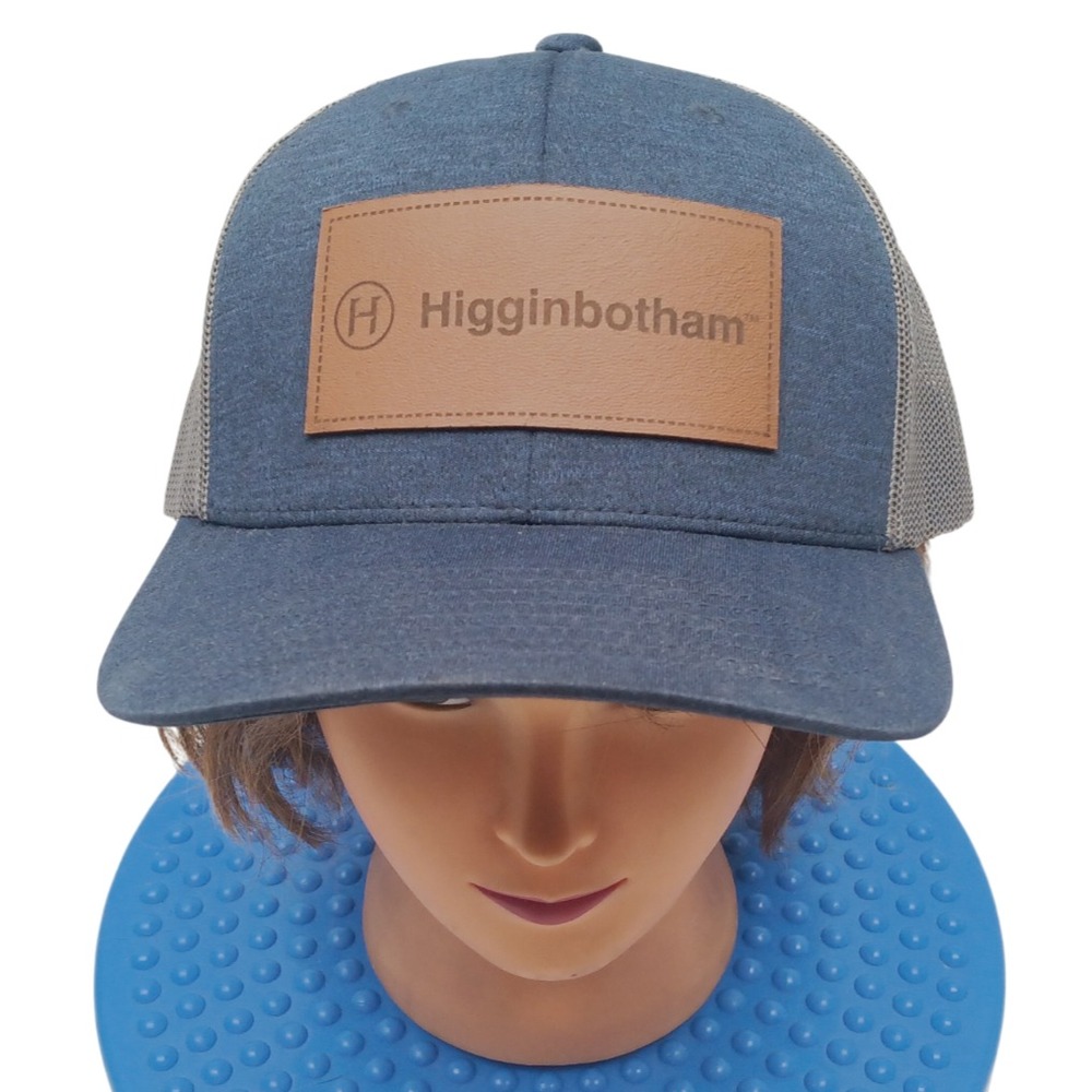 Custom Leather Patch, Blue‎ & Grey Mesh Trucker Hat: Personalized "Higginbotham"
